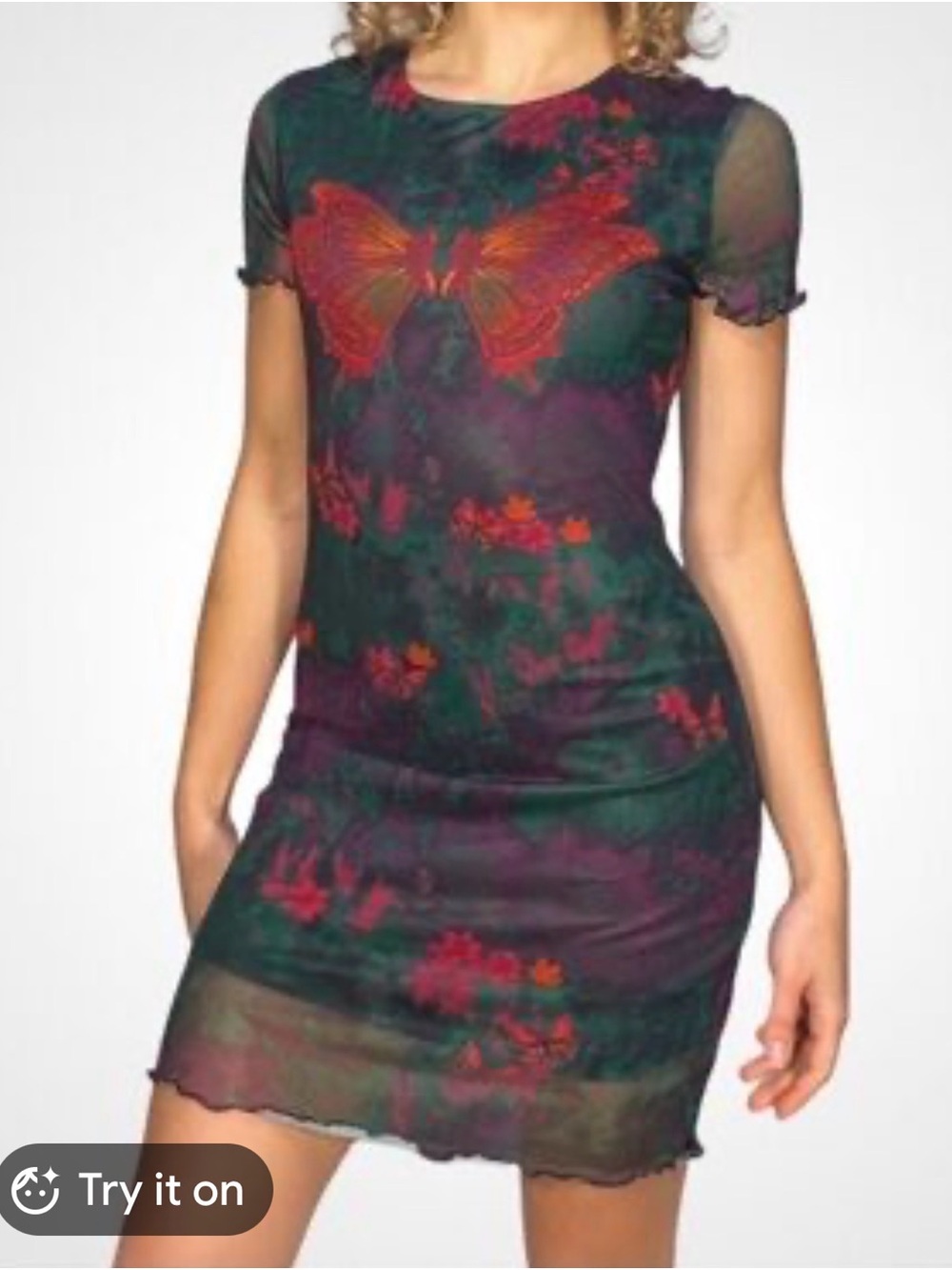 SHEIN Dark Green Floral Butterfly Mesh Mini Dress